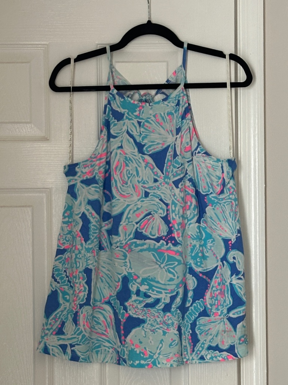 Lilly Pulitzer Margot Top Blue Haven Pop Up Into The Deep Tank Strap Large Tie